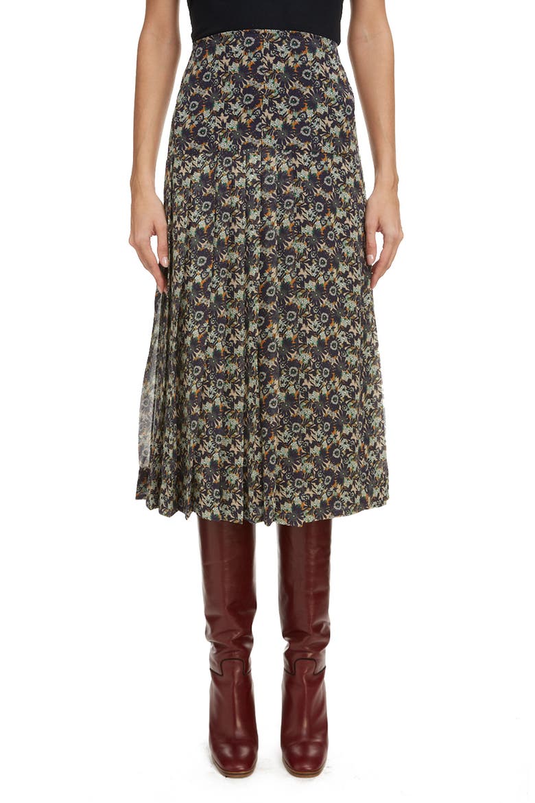 High Waist Pleated Silk Skirt, Main, color, OFF WHITE/ NAVY