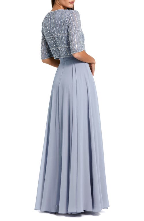 Mac Duggal Fully Beaded 3/4 Sleeves Top Chiffon Gown In Powder Blue