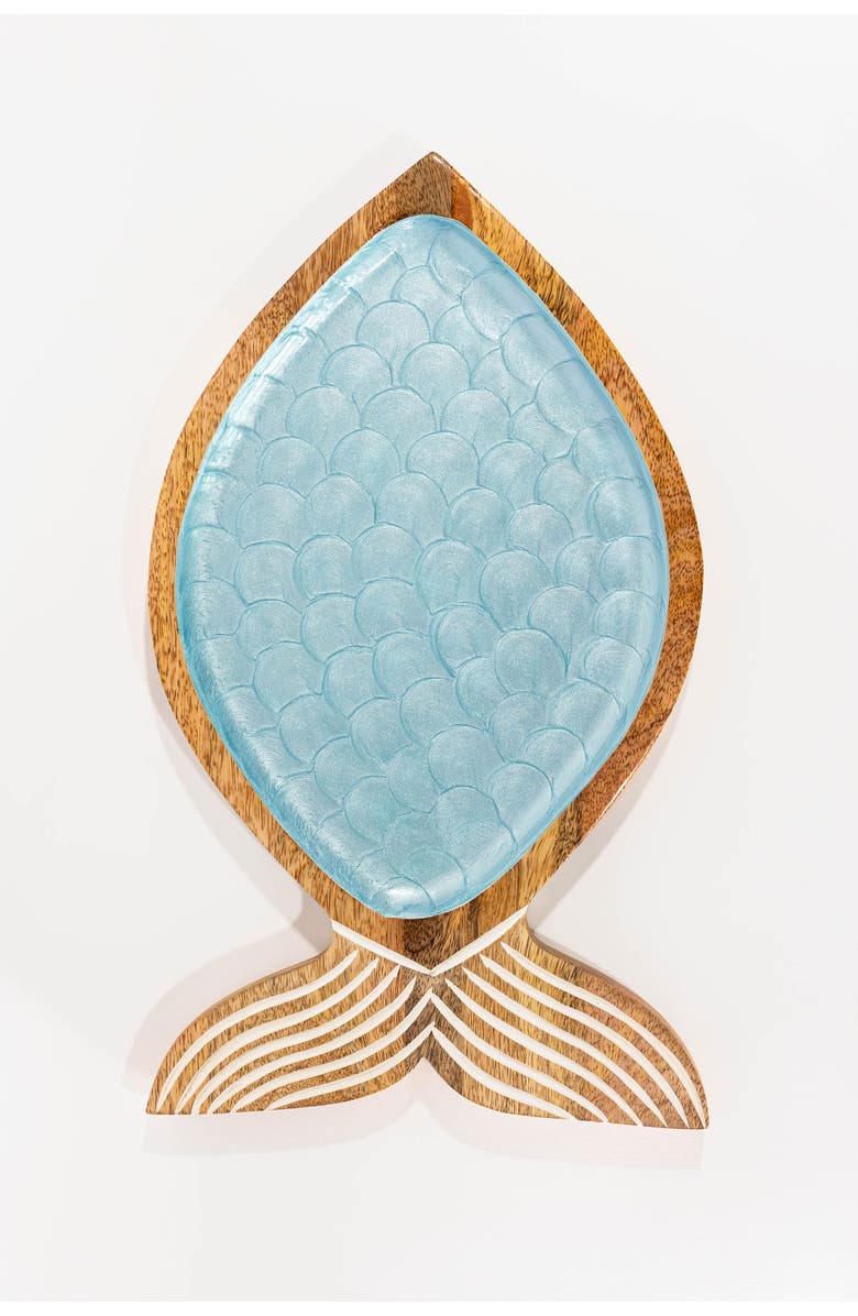 Jeanne Fitz Large Wood Fish Shaped Platter, Alternate, color, Light Blue And Brown
