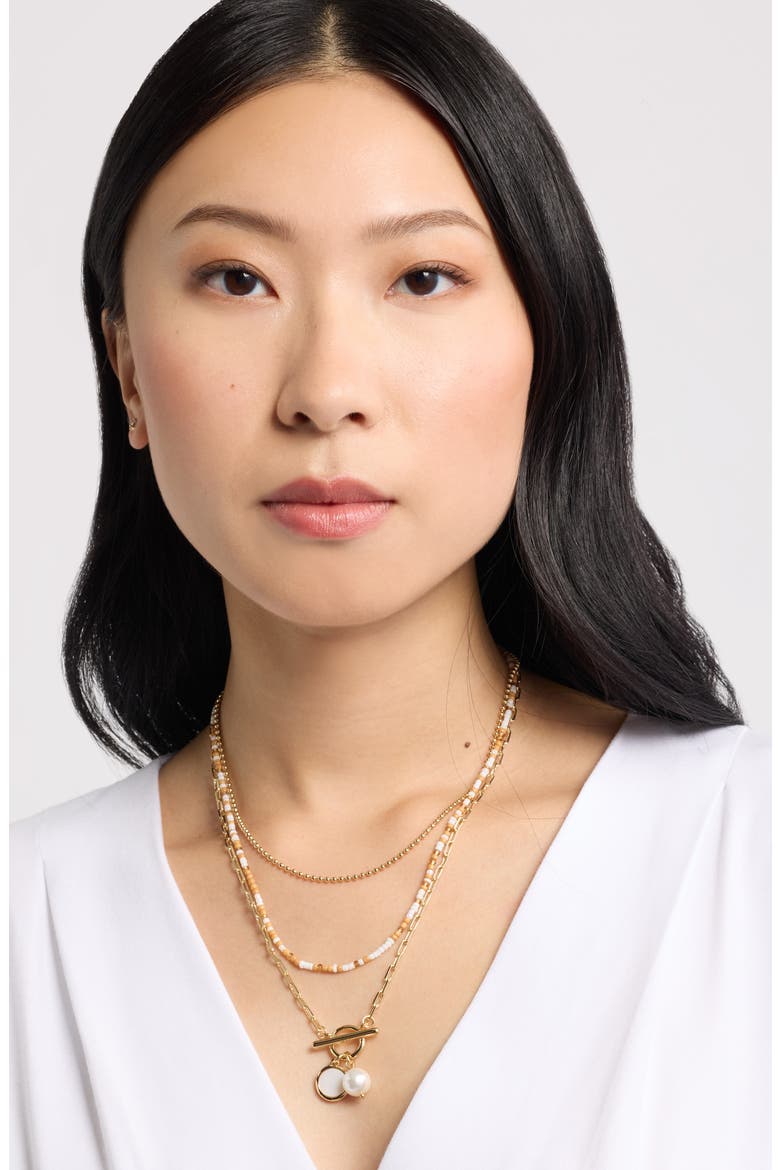 Set of 3 Imitation Pearl and Bead Necklaces, Alternate, color, BROWN MULTI- GOLD