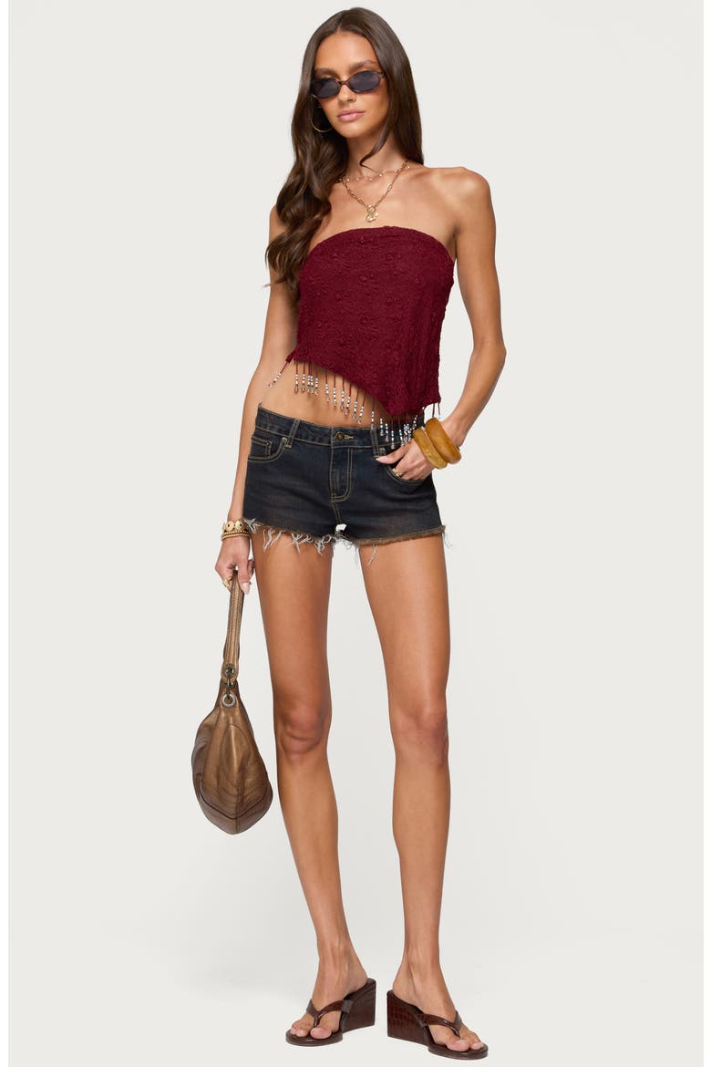 Lace Beaded Fringe Asymmetric Hem Tube Top, Alternate, color, BURGUNDY
