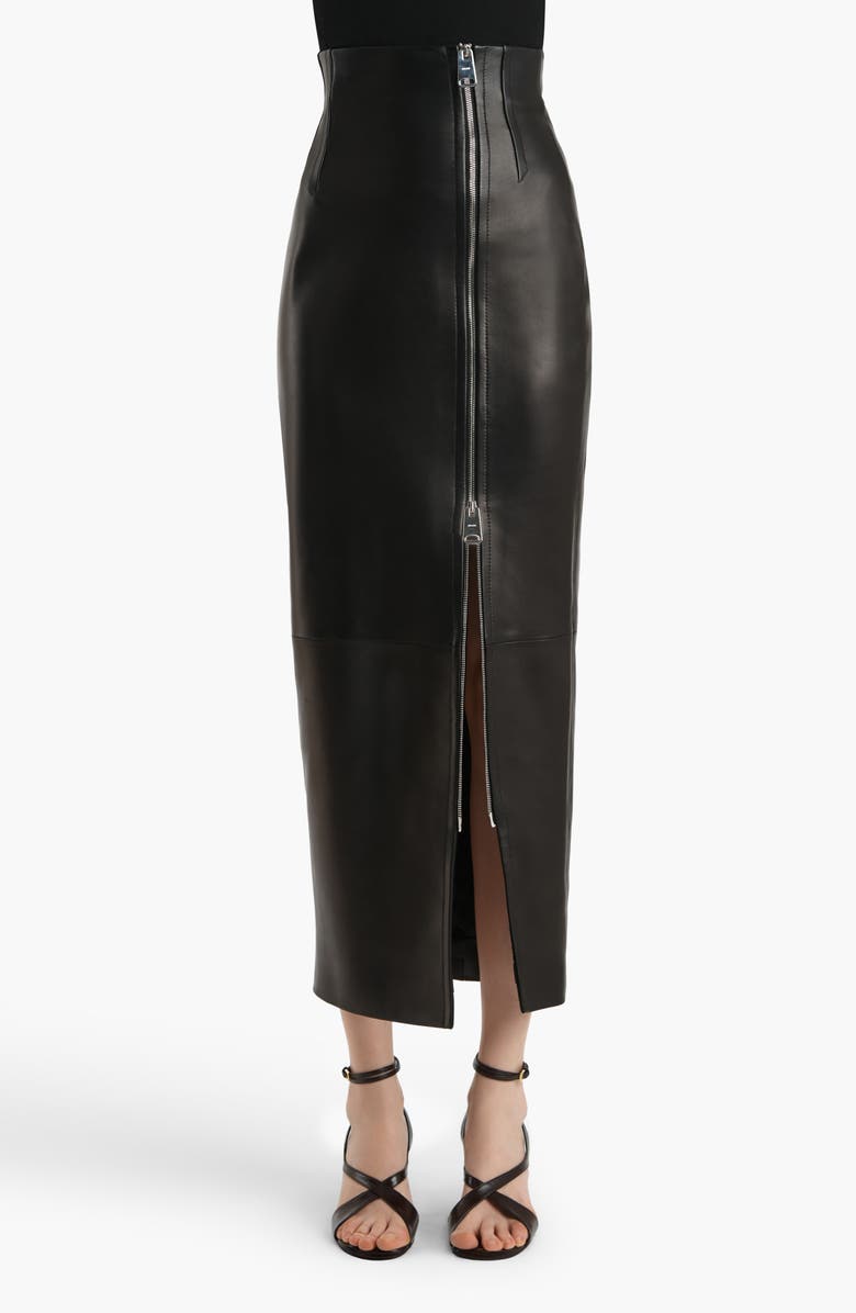 Khaite Gres Plongé Leather Pencil Skirt, Main, color, Black