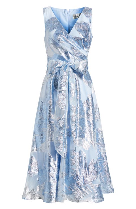 Metallic Jacquard Wrap Bodice Cocktail Dress