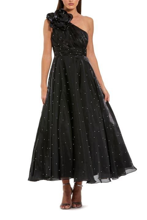 Pearl Beaded Organza One Shoulder Midi Dress