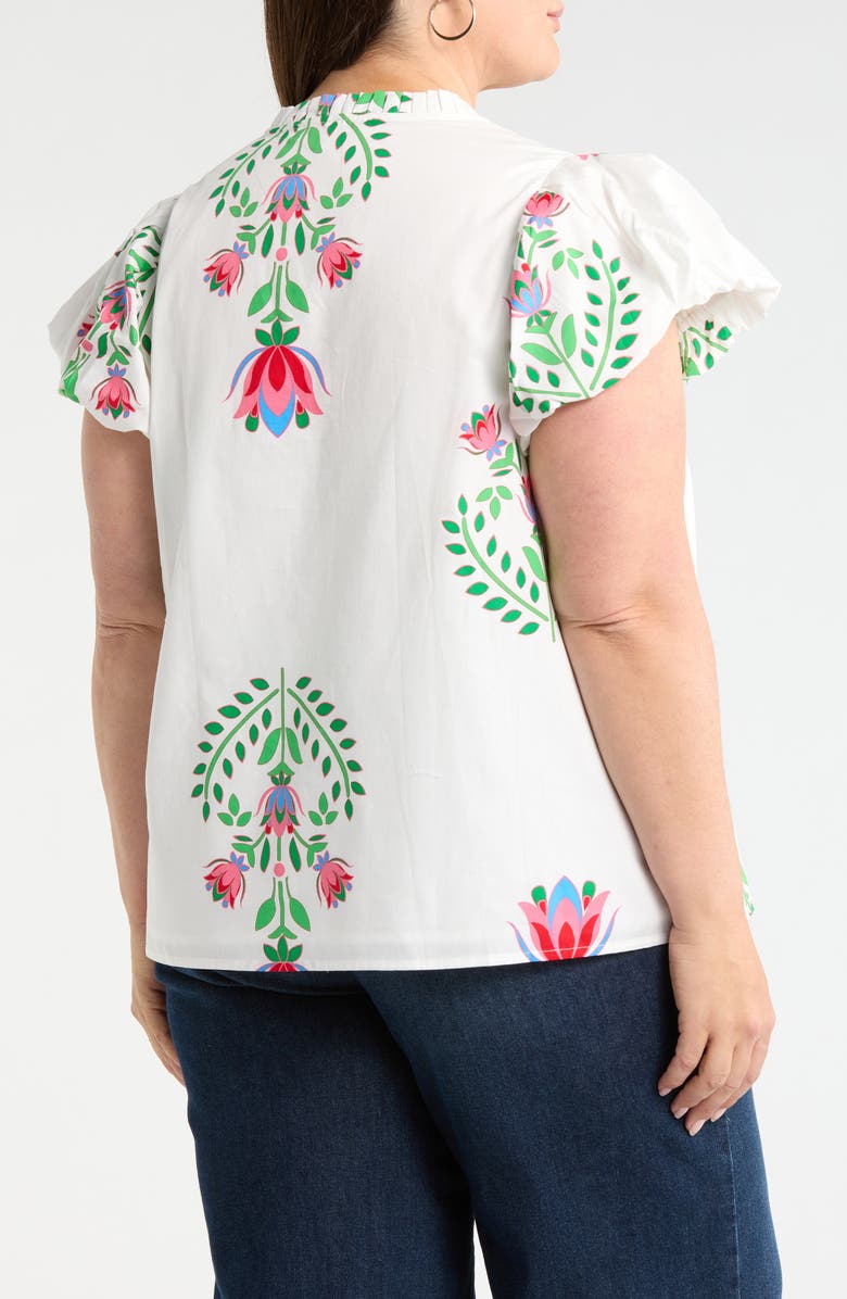 SUGARLIPS Keni Split Neck Floral Print Cotton Top, Alternate, color, White-Green-Multi