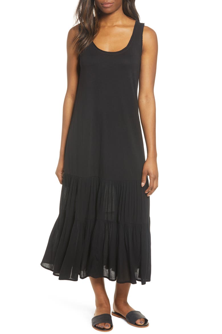 Mixed Media Drop Waist Maxi Dress, Main, color, BLACK