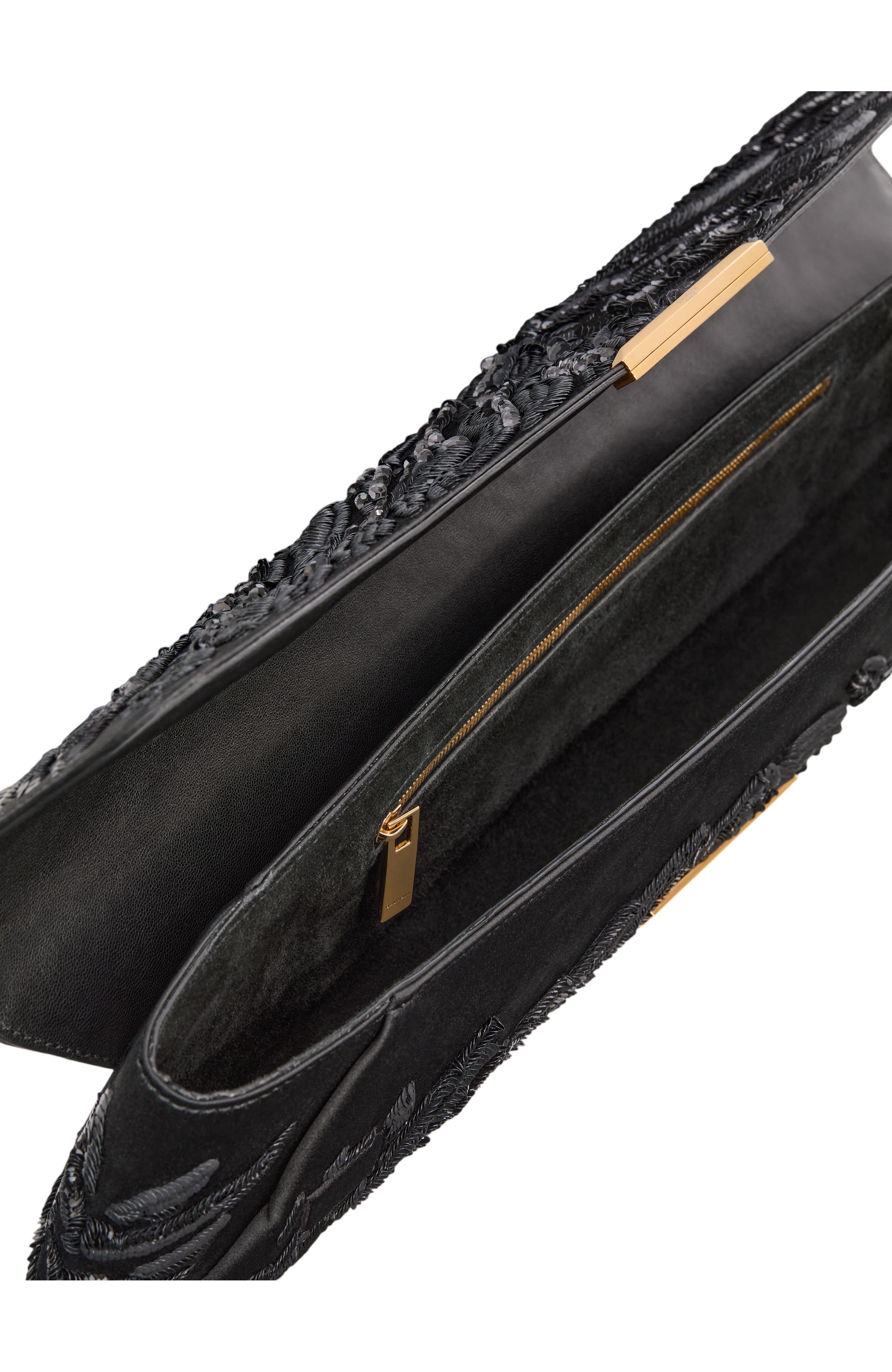 Long Clutch Bag in Embroidered Satin, Alternate, color, black