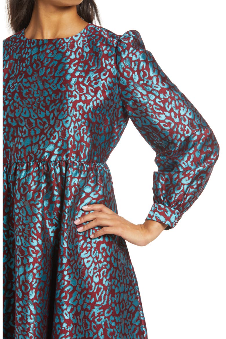 x Atlantic-Pacific Leopard Jacquard Long Sleeve Dress, Alternate, color, TEAL- MAROON LEOPARD