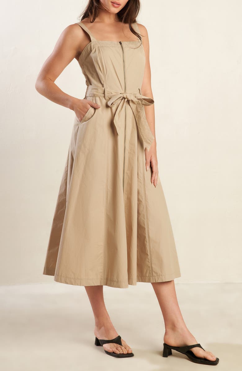 FREEMARKET Belted Cotton Zip-Up Midi Dress, Alternate, color, 