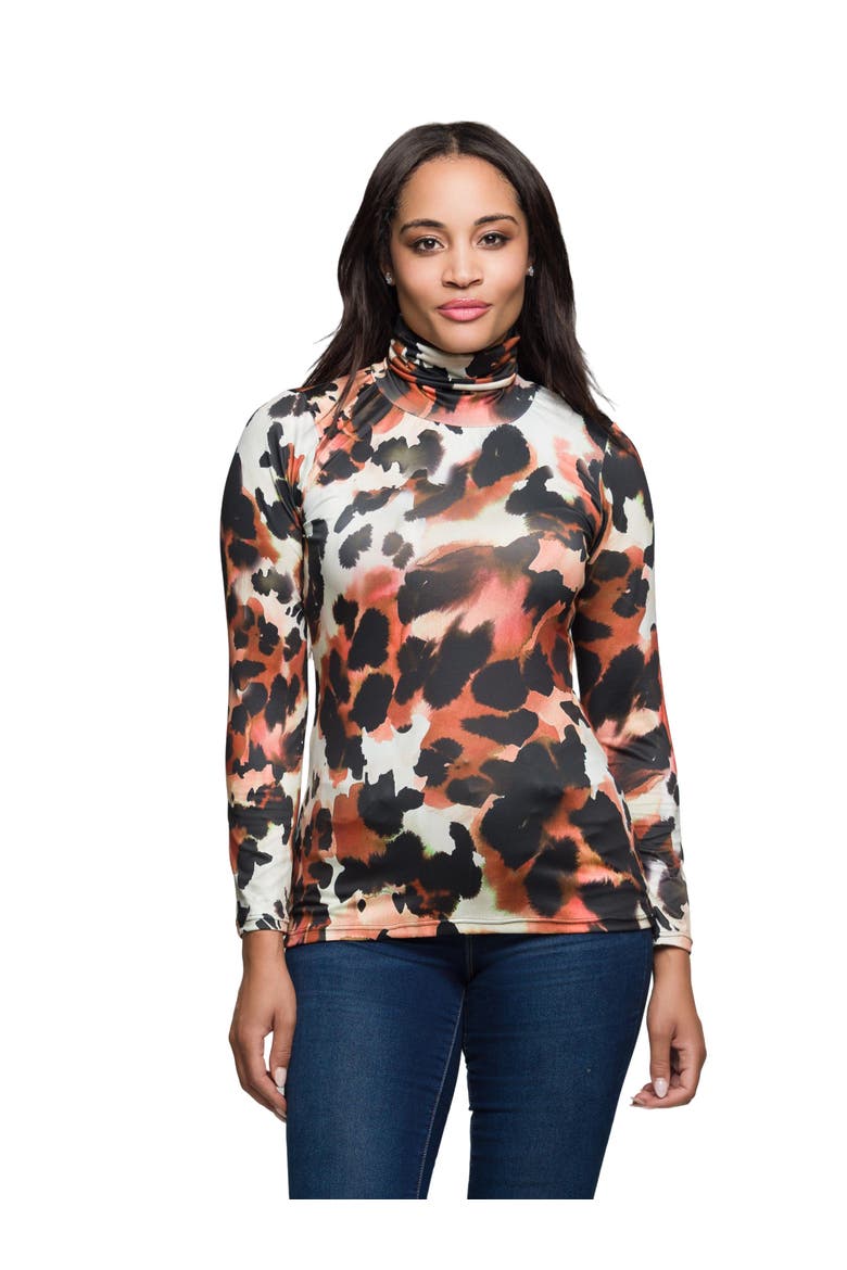 Long Sleeve Turtleneck Top Animal Print, Main, color, Brown Multi