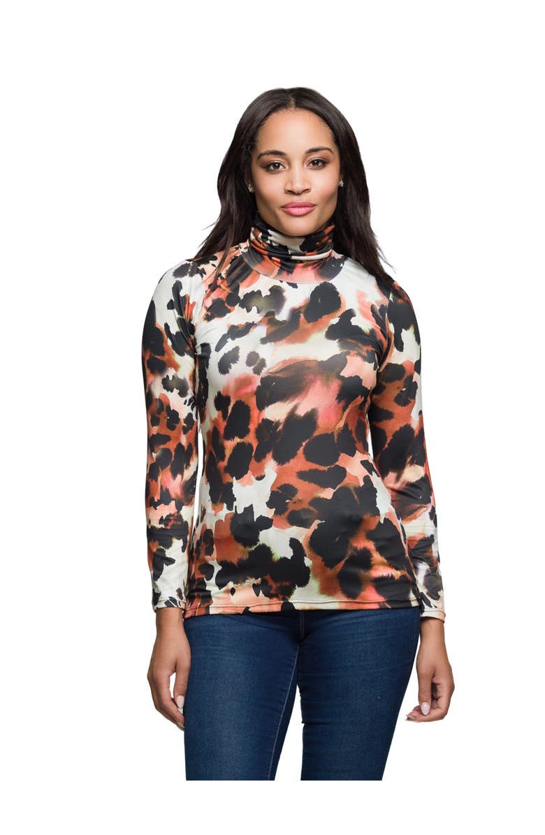 24seven Comfort Apparel Long Sleeve Turtleneck Top Animal Print, Main, color, Brown Multi