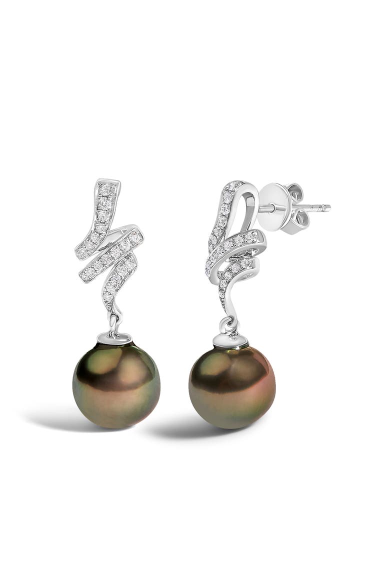 14K White Gold Black Pearl and Diamond Accent Dangle Earrings, Alternate, color, White