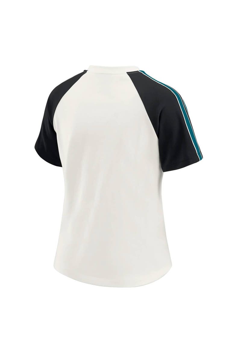 Women's WEAR by Erin Andrews White Jacksonville Jaguars Sleeve Stripe Distressed Raglan T-Shirt, Alternate, color, White