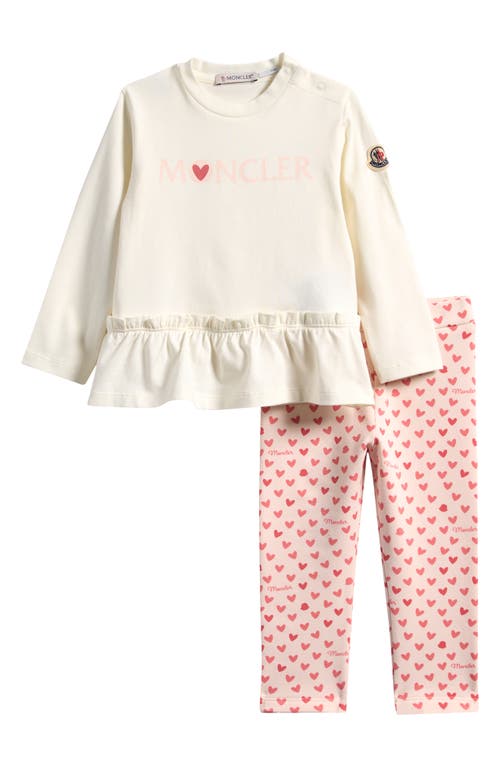 Moncler Kids' Ruffle Hem Graphic T-shirt & Heart Print Leggings Set In White