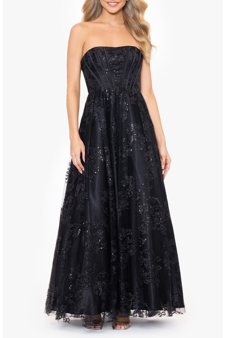 Glitter Mesh Corset Strapless A-Line Gown, Main, color, BLACK