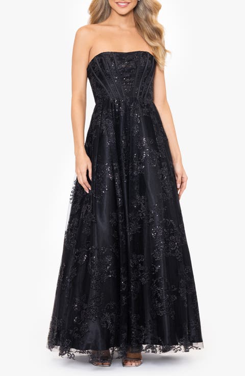 Glitter Mesh Corset Strapless A-Line Gown