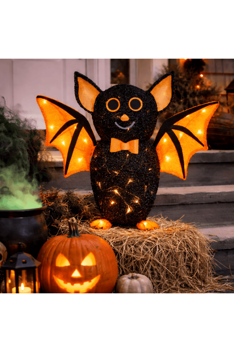 21" Black Halloween Bat with Orange Wings, Modern Indoor/Outdoor Decoration, Ground Freestanding, Halloween, Polyester, Black, Requires 3 AA Batteries, Alternate, color, Black