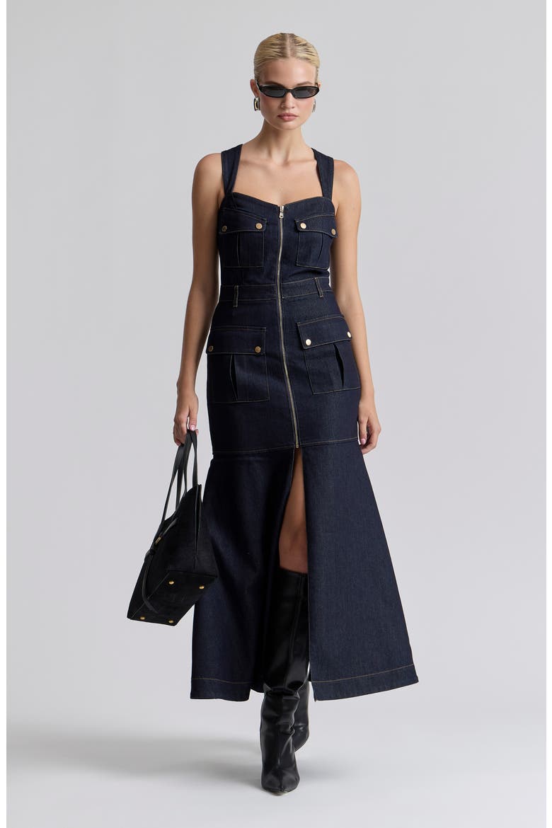 Denim Cargo Fit & Flare Maxi Dress, Alternate, color, DARK RINSE