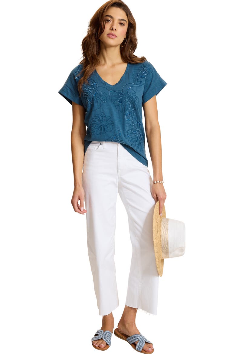 Embellished Monstera Leaf Graphic Tee, Alternate, color, MED INDIGO