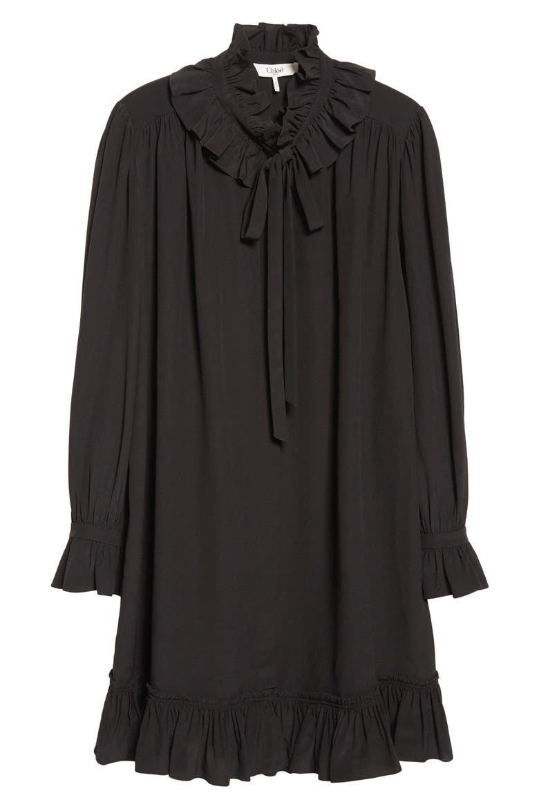 Long Sleeve Organic Silk Crêpe de Chine Minidress, Alternate, color, BLACK