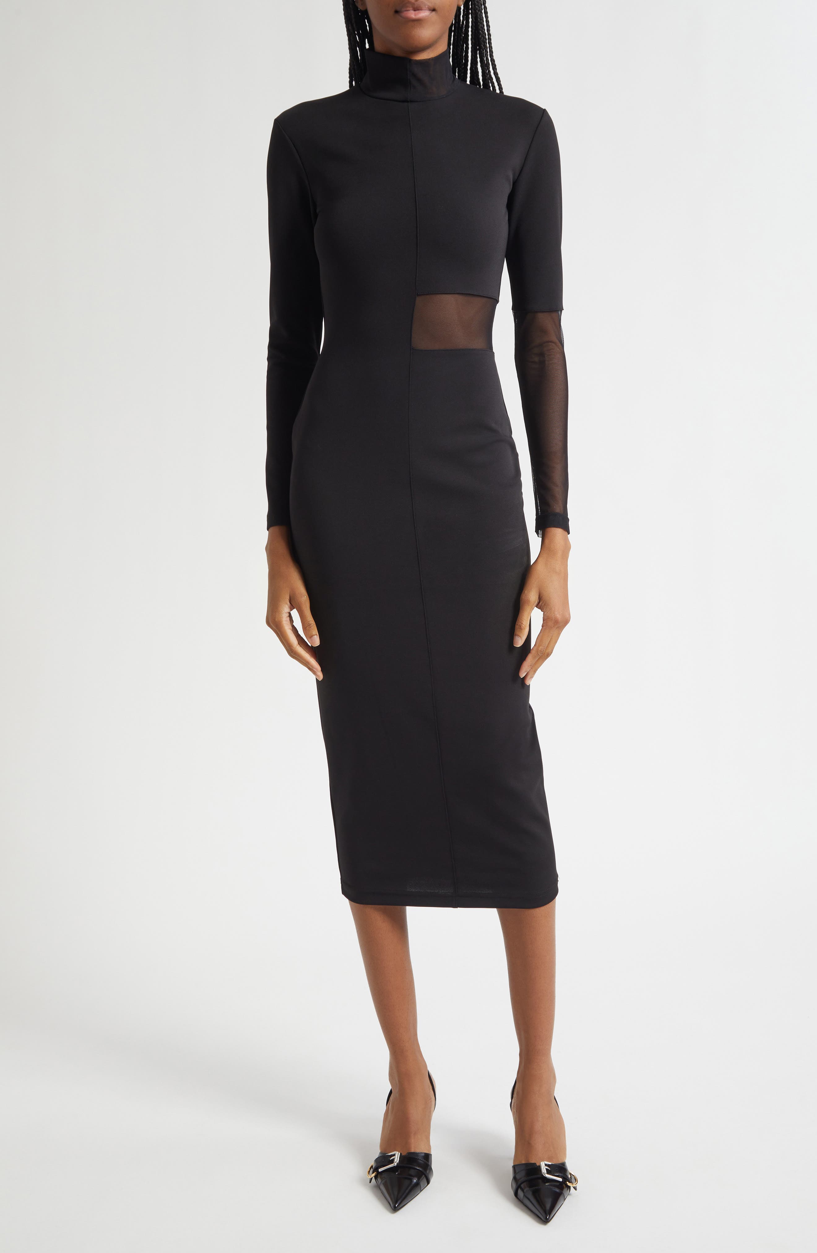 ISRAELLA KOBLA Ezereen Sheer Detail Long Sleeve Midi Dress in Black 