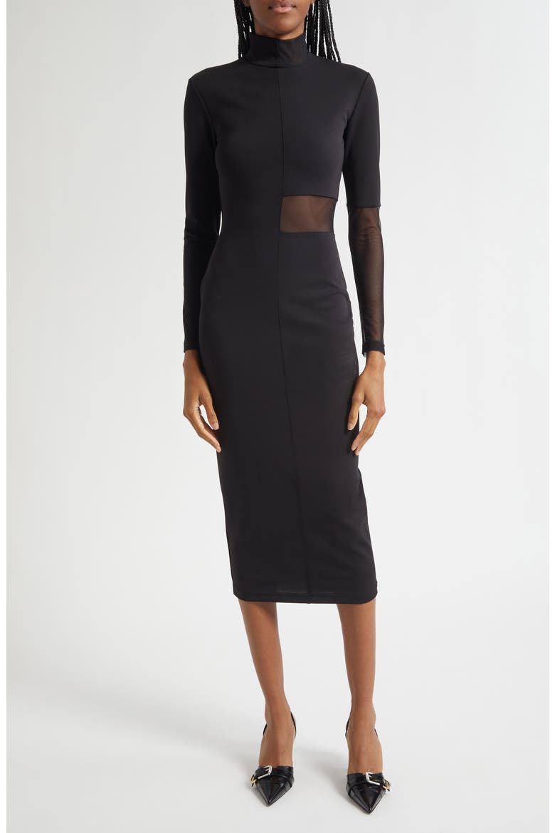 Ezereen Sheer Detail Long Sleeve Midi Dress, Main, color, BLACK