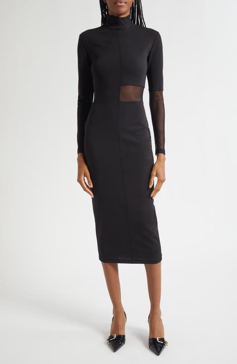 Ezereen Sheer Detail Long Sleeve Midi Dress