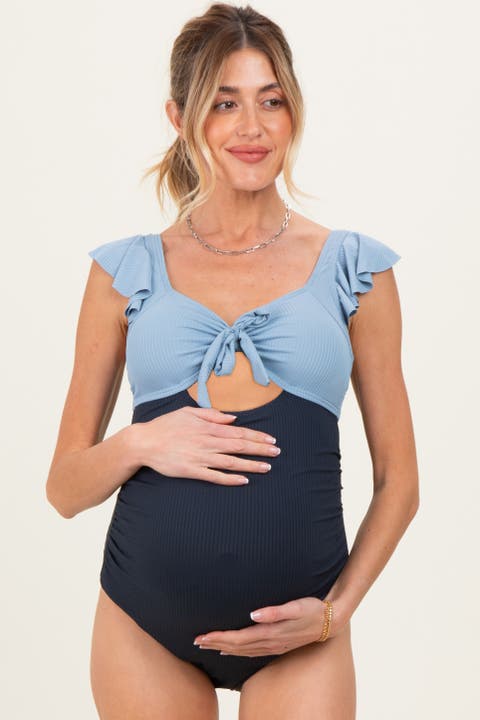 Ribbed Front Tie Cutout Ruched Maternity Swimsuit