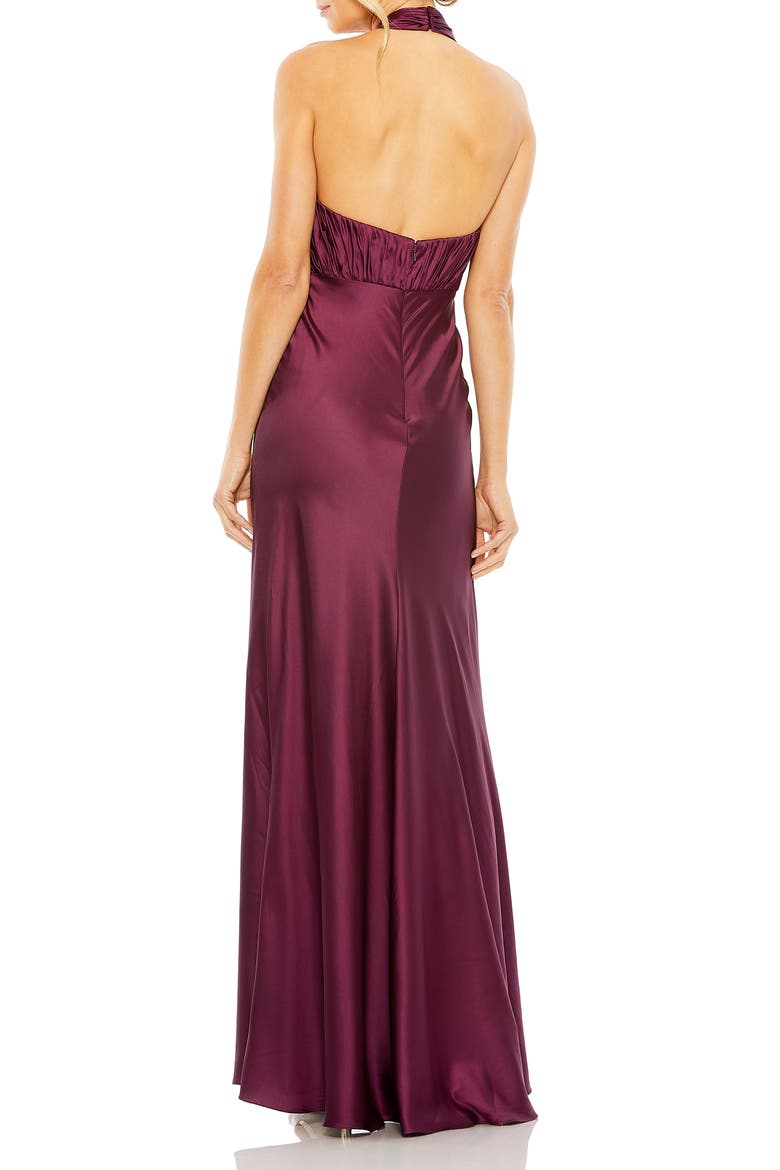Pleated Halter Neck Satin Gown, Alternate, color, Plum