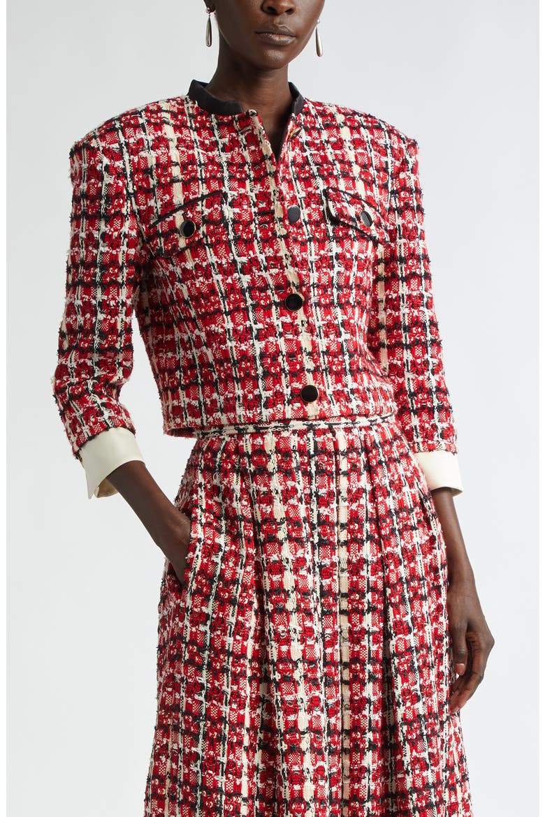 Plaid Eyelash Tweed Crop Jacket, Main, color, HAUTE RED/ BLACK/ PEARL MULTI