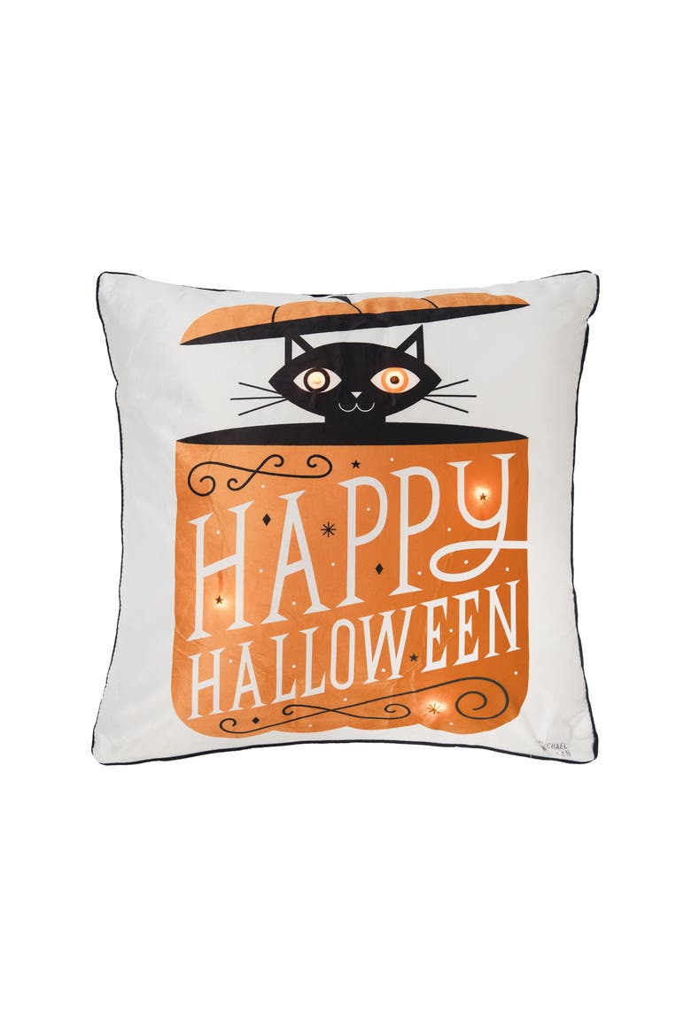 Black Cat in Pumpkin "Happy Halloween" LED Accent Throw Pillow 18" x 18", Main, color, Brown