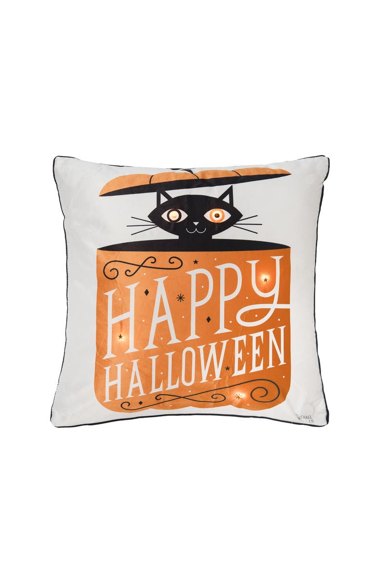 C&F Home Black Cat in Pumpkin "Happy Halloween" LED Accent Throw Pillow 18" x 18", Main, color, Brown