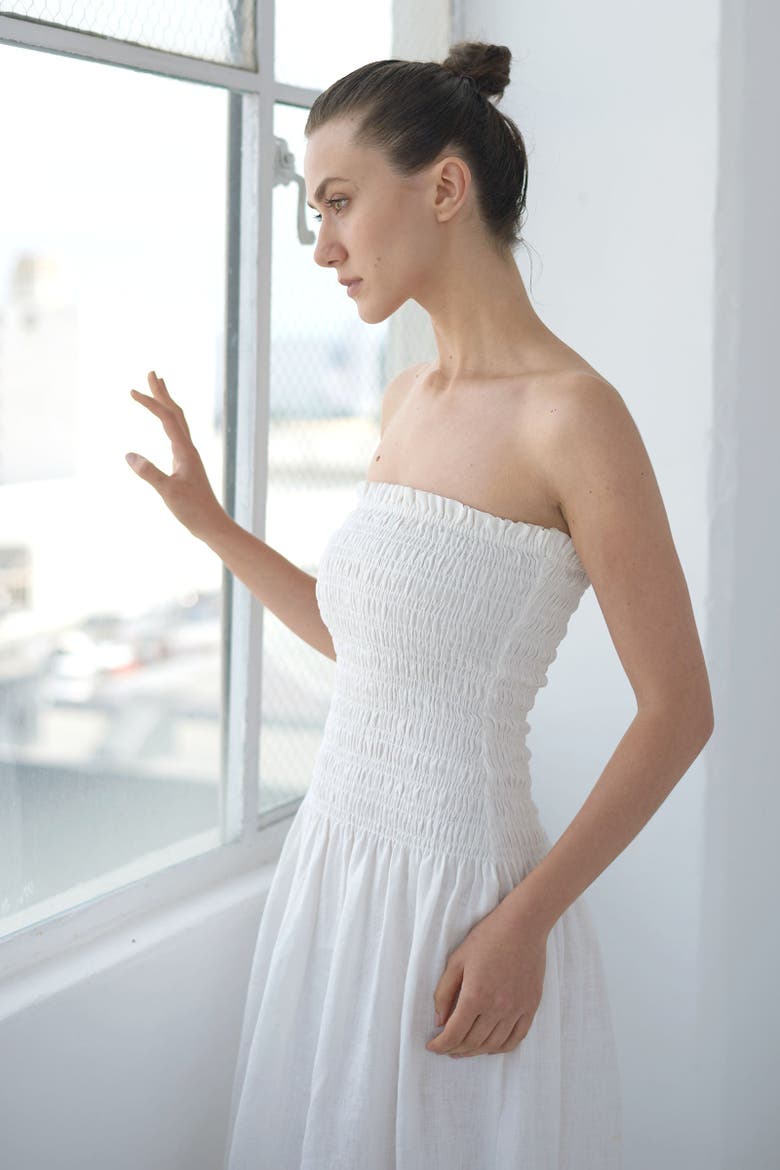 Elle Strapless Smocked Maxi Linen Dress, Alternate, color, White