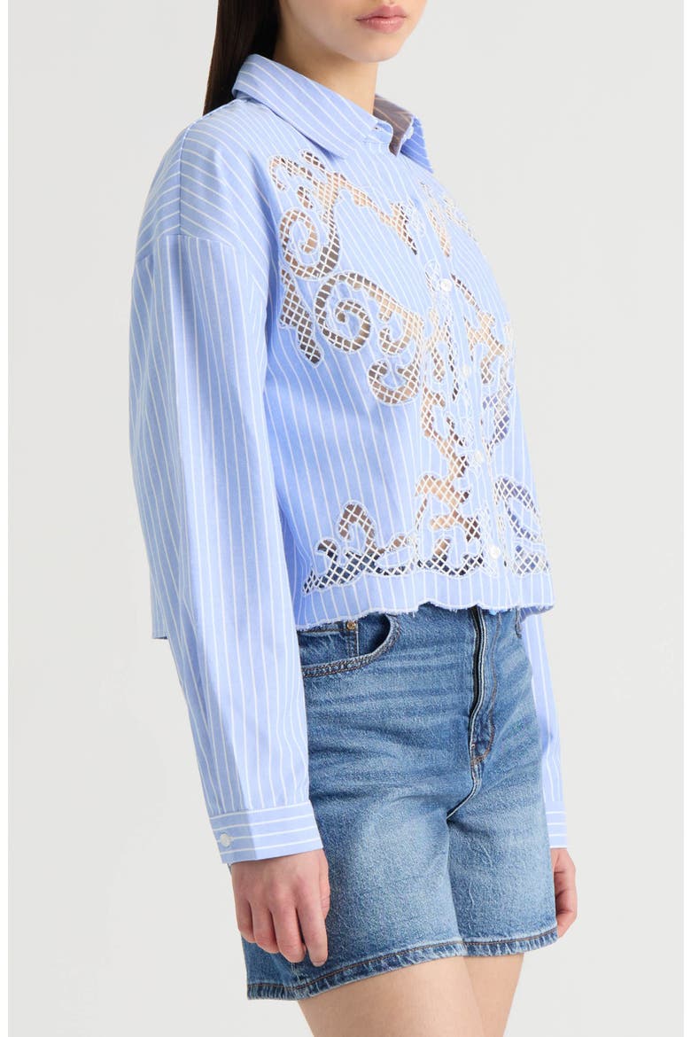 Embroidered Cutout Long Sleeve Crop Button-Up Shirt, Alternate, color, BLUE/ WHITE STRIPE