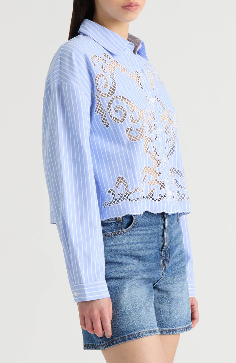NVLT Embroidered Cutout Long Sleeve Crop Button-Up Shirt, Alternate, color, Blue/ White Stripe