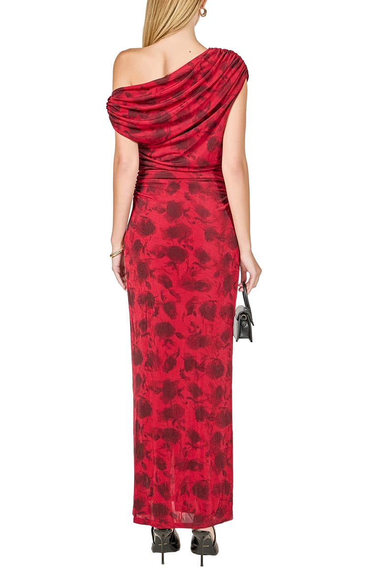 Floral Mesh One-Shoulder Maxi Dress, Alternate, color, RED