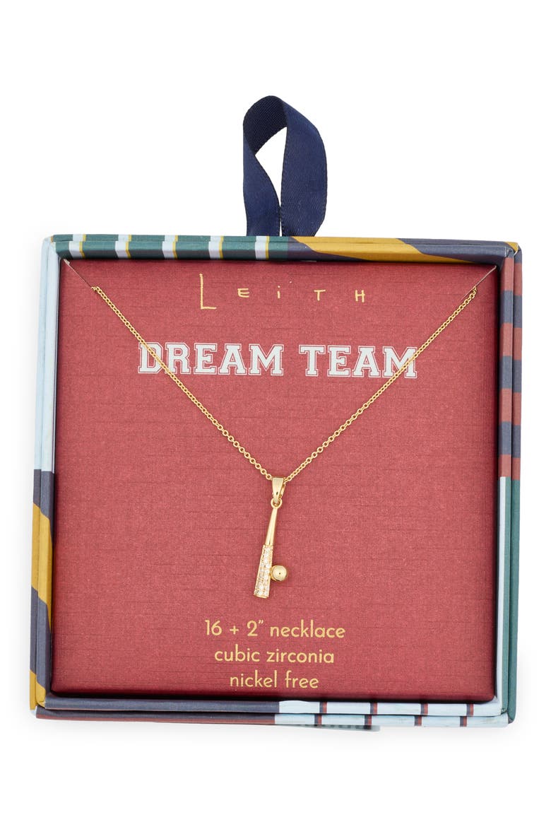 Cubic Zirconia Baseball & Bat Pendant Necklace, Main, color, CLEAR- GOLD