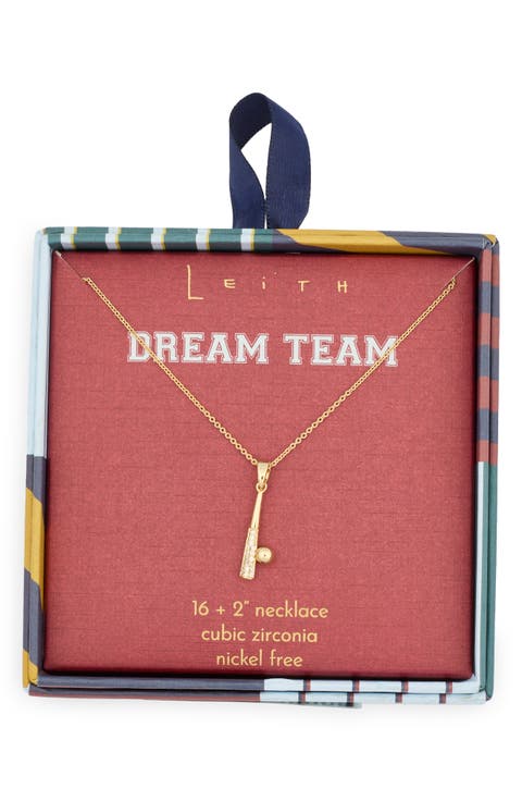 Cubic Zirconia Baseball & Bat Pendant Necklace