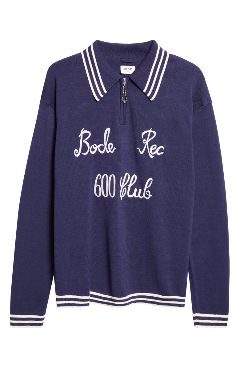 Bode Club Tipped Embroidered Polo Sweater, Alternate, color, Navy