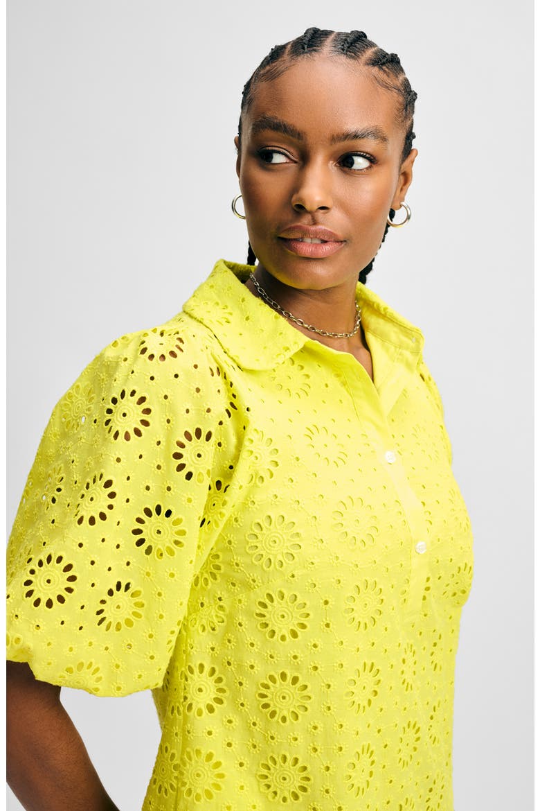 Eyelet Puff Sleeve Shirtdress, Alternate, color, CITRON