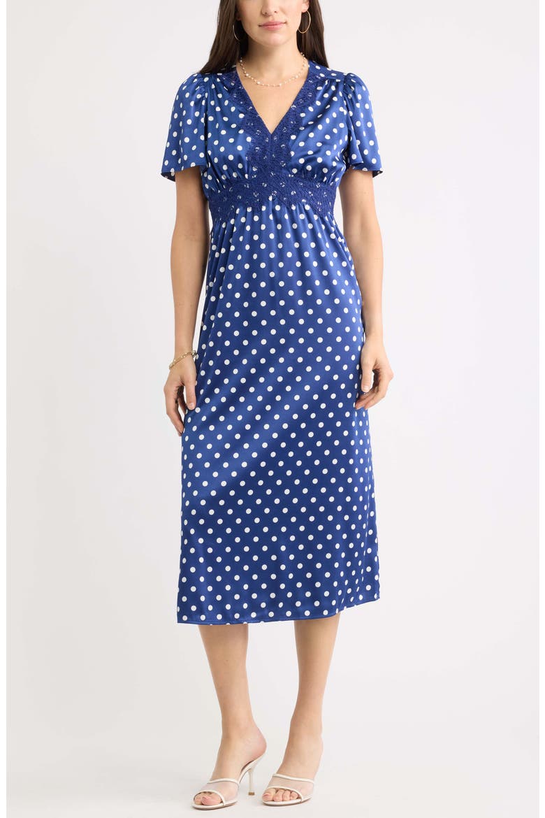 Puff Sleeve Midi Dress, Main, color, NAVY- IVORY SHARON DOT
