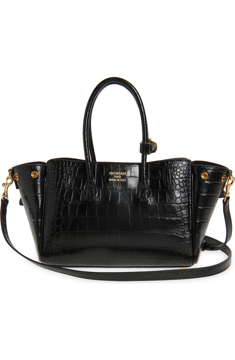 Balenciaga Mini Bel Air Croc Embossed Leather Carry All Tote, Alternate, color, Black