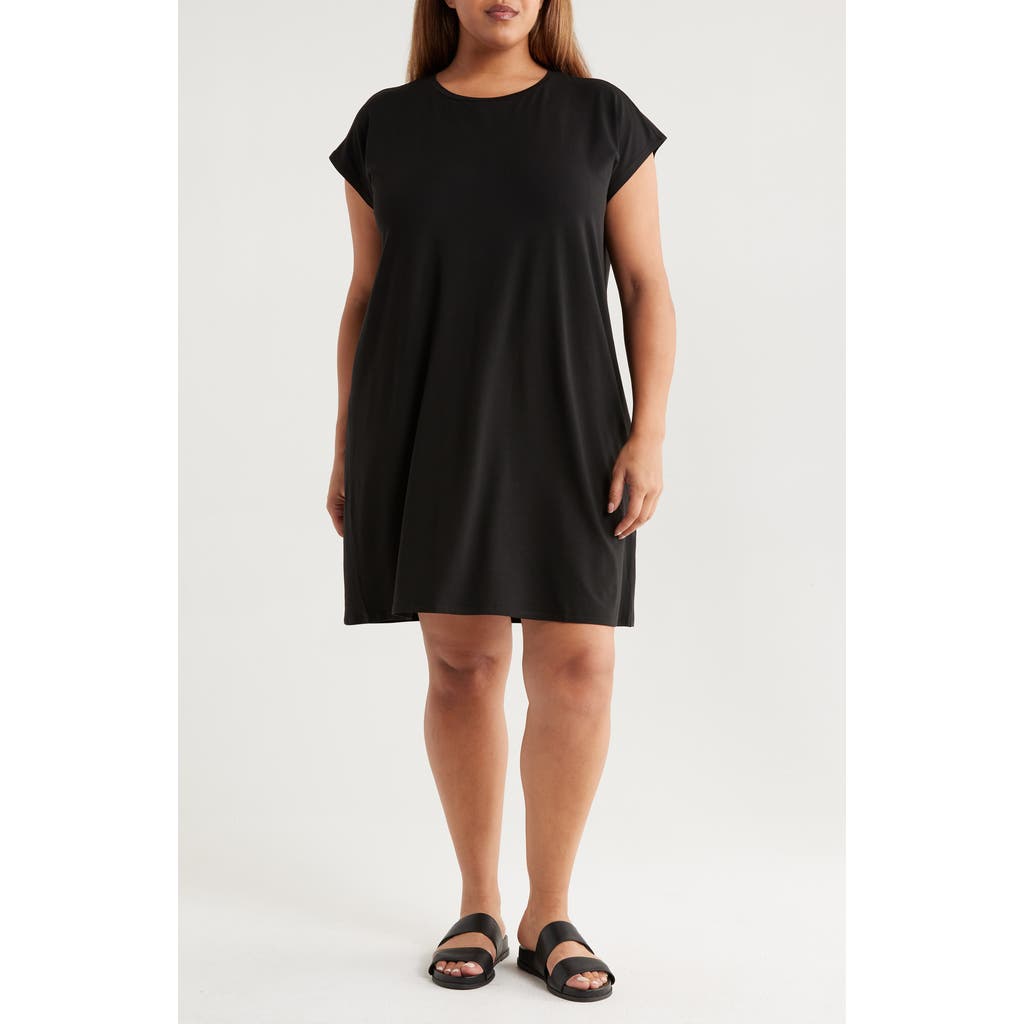 Eileen Fisher Crinkled Jersey Crewneck Elbow Sleeve Top In Black