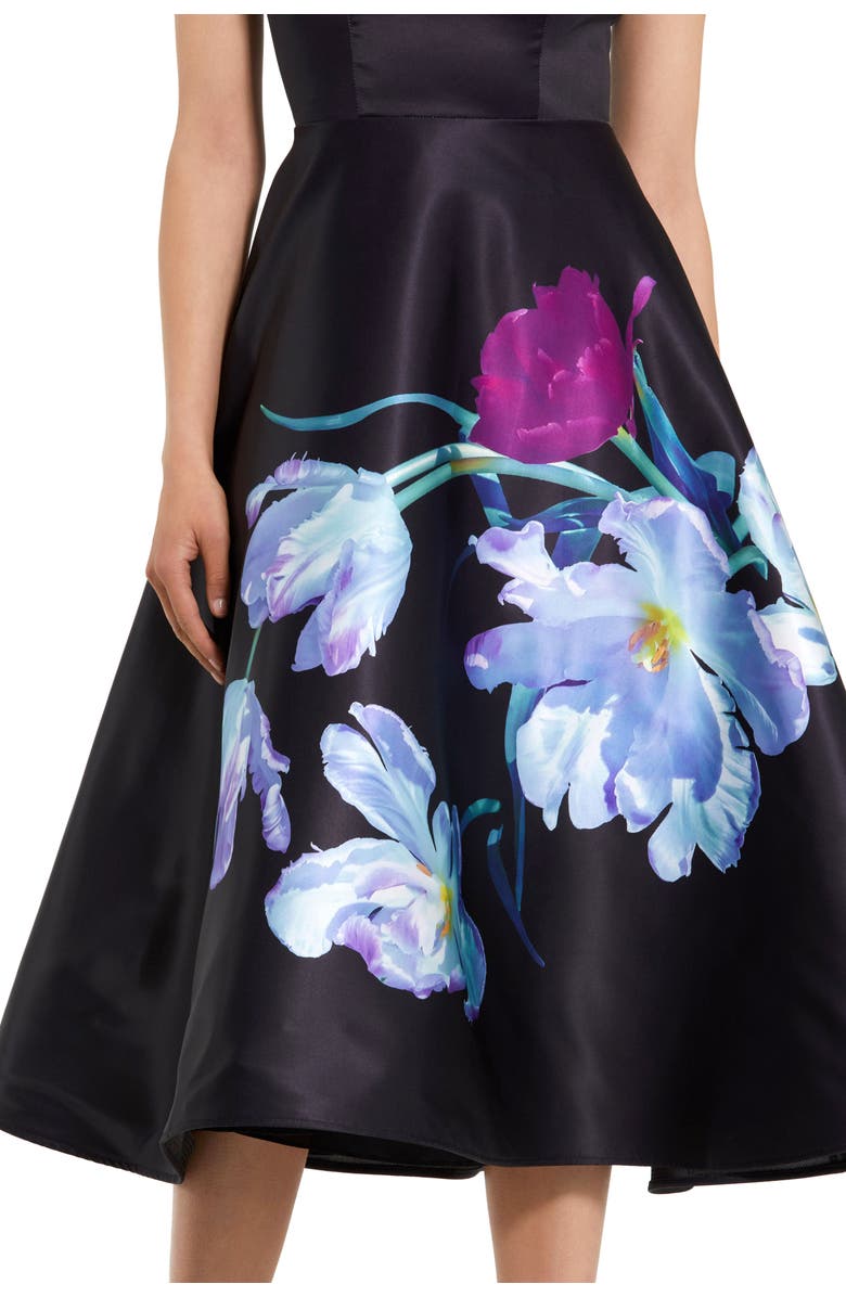Mac Duggal Petite Satin Cap Sleeve Midi Dress With Floral Print, Alternate, color, Black Multi