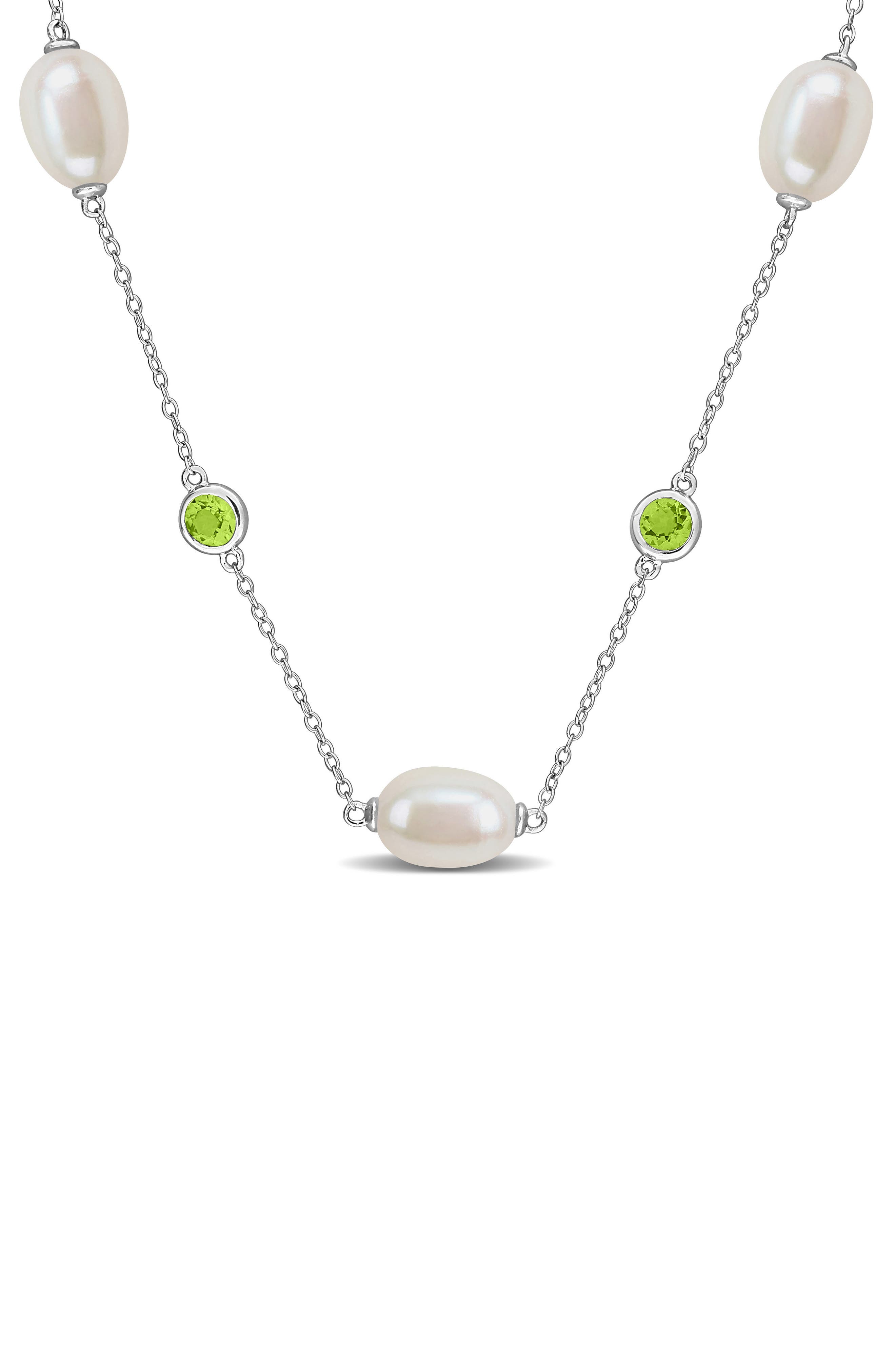 Sterling Silver Cultured Pearl and Blue Topaz Station Necklace