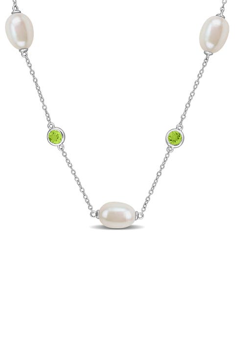 Sterling Silver Cultured Pearl and Blue Topaz Station Necklace