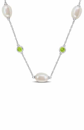 Sterling Silver Cultured Pearl and Blue Topaz Station Necklace