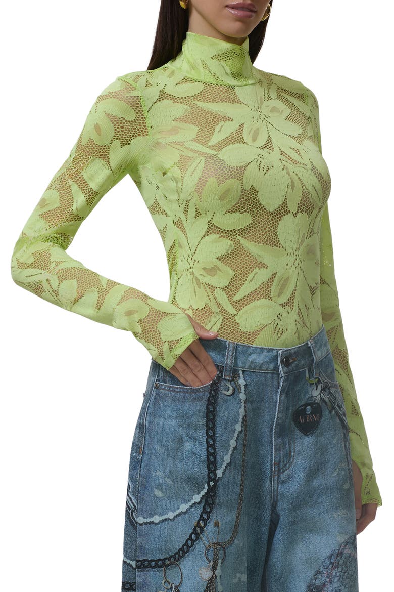 Zadie Turtleneck Sheer Lace Top, Main, color, LIME ESSENCE