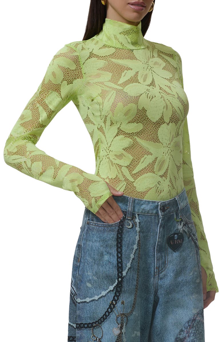 AFRM Zadie Turtleneck Sheer Lace Top, Main, color, Lime Essence