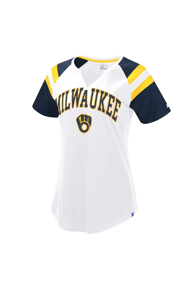 STARTER Women's Starter White/Navy Milwaukee Brewers Game On Notch Neck Raglan T-Shirt, Main, color, 